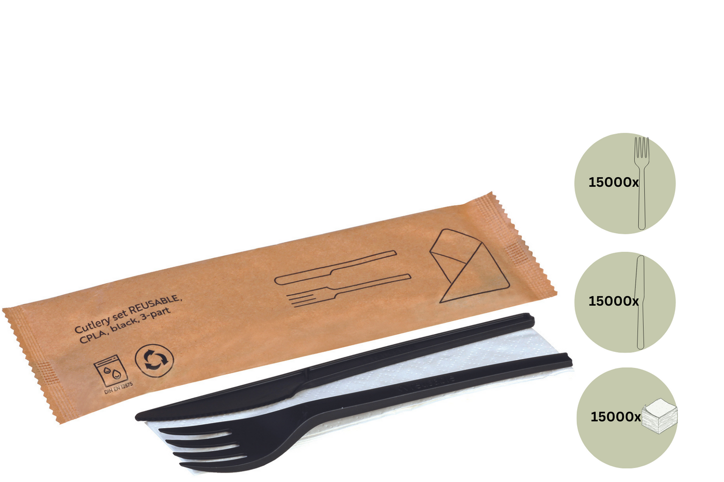 Besteckset 3 tlg. CPLA Schwarz | Messer, Gabel, Serviette | hygienisch verpackt