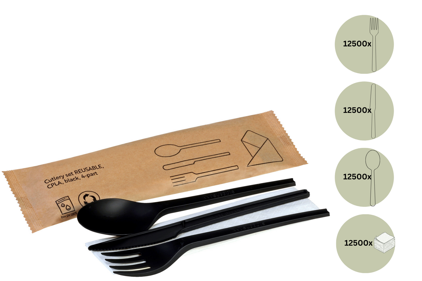 Besteckset 4 tlg. CPLA schwarz | Messer, Gabel, Löffel, Serviette | hygienisch