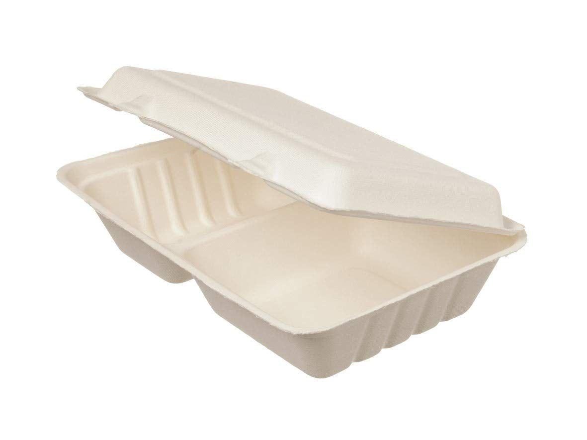 Lunchbox Bagasse 2-geteilt mit Klappdeckel 650 ml I 250 Stück 16x24 cm weiß