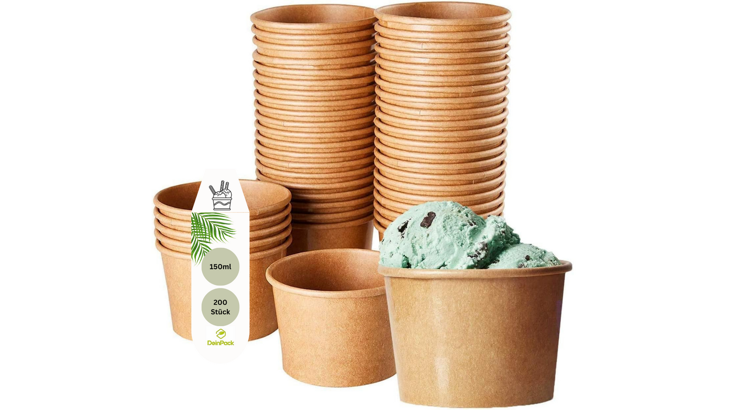 DeinPack Umweltfreundliche Universal Karton mit PLA Innenbeschichtung Einwegschalen für EIS, Dessert, Fingerfood, Vorspeisen, Snacks I 50 Stück Speisebecher braun unbedruckt 360 ml / 12 oz I runde Einwegbecher kompostierbar