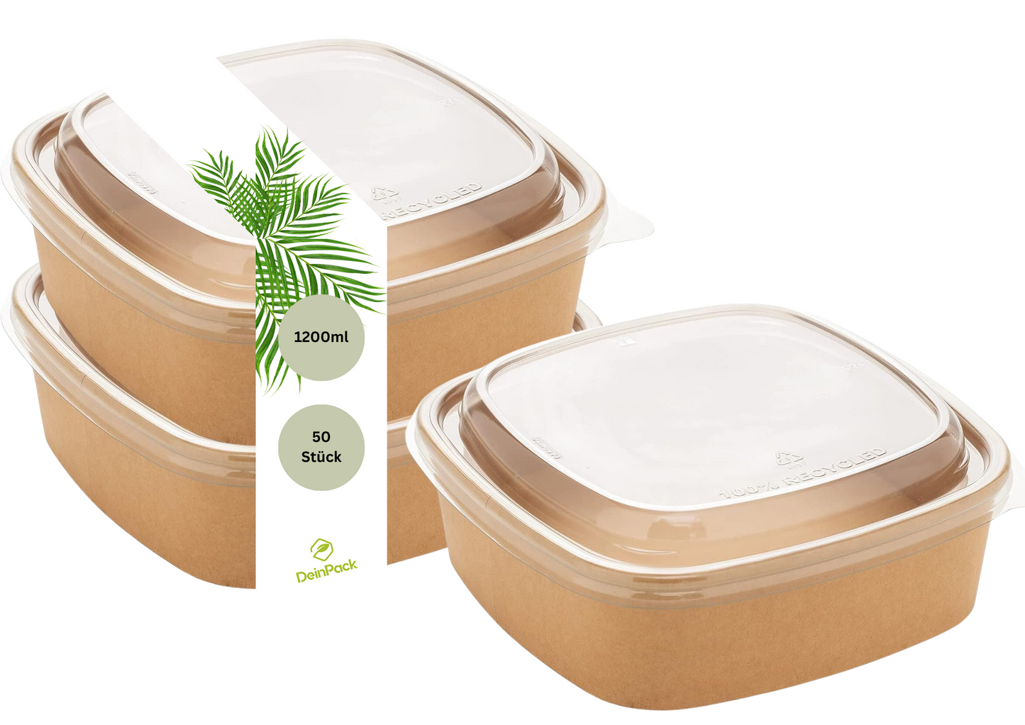 Salat-Schalen, Karton, 1200ml inkl. rPET-Deckel eckig, 170x170x85mm, 50 Stück