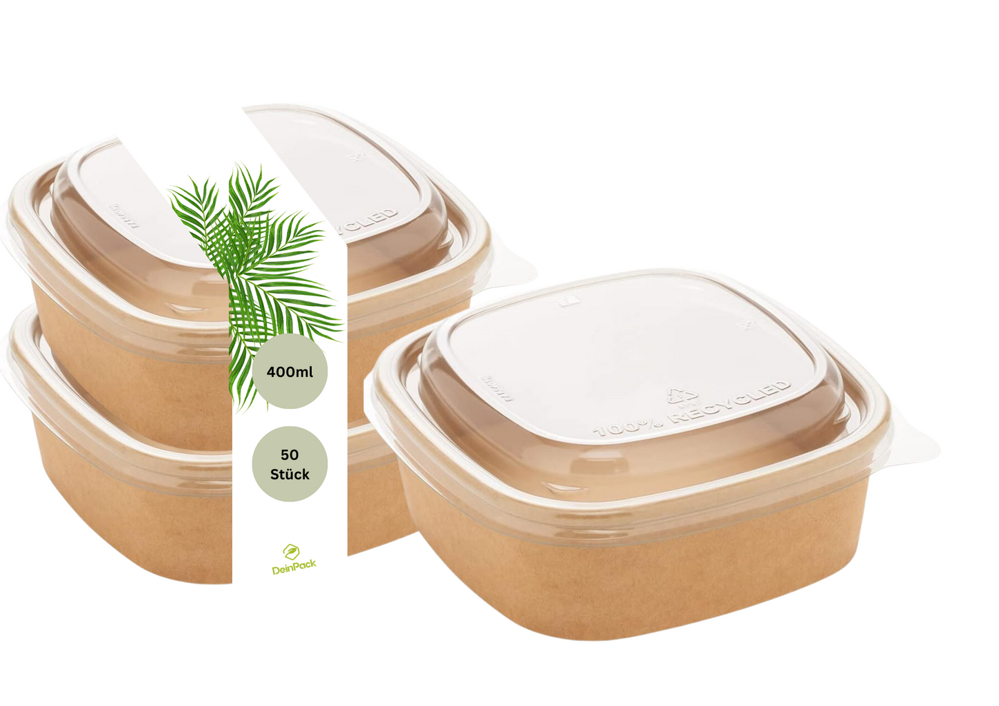 Salat-Schalen, Karton, 400ml inkl. rPET-Deckel eckig, 130x130x43mm, 50 Stück