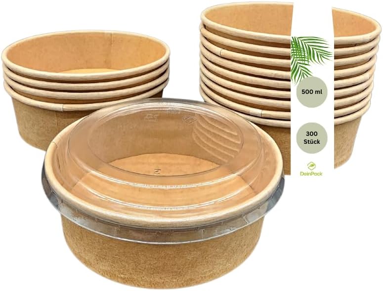 Salatschale mit Deckel Kraftpapier rund – To Go Schale 500–1300 ml