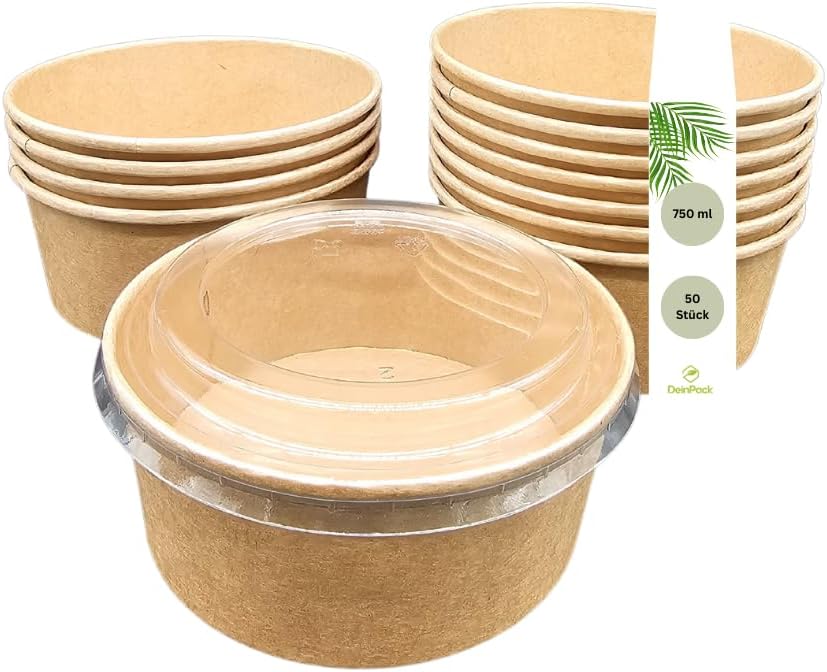 Salatschale mit Deckel Kraftpapier rund – To Go Schale 500–1300 ml