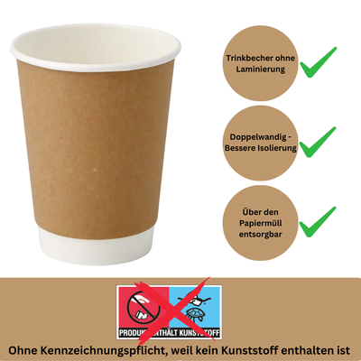 Kaffeebecher braun unlaminiert - Doppelwandige Isolierte Pappbecher 200ml / 8 oz Ø 80 mm - plastikfrei