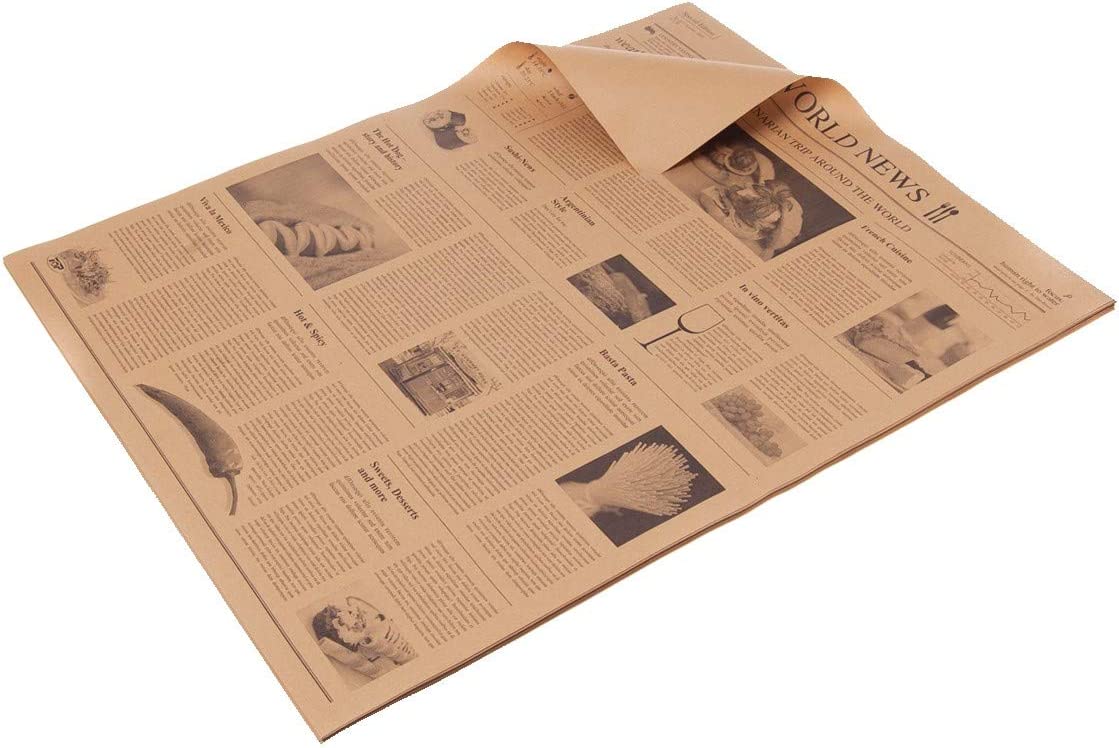 DeinPack Einschlagpapier Pergamentersatz Fettdicht I 100% biologisch abbaubarer, kompostierbares Einpackpapier I 1000 Stück Verpackungspapier Zuschnitte 38 x 50 cm Zeitungsmotiv braun