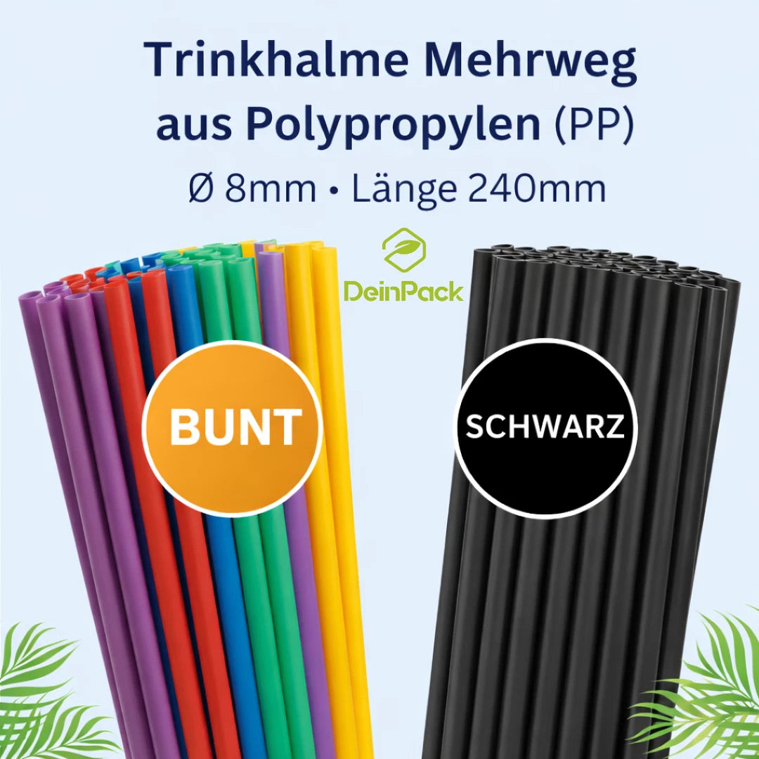 DeinPack Mehrweg Trinkhalme 8 x 240mm - schwarz oder bunt- diverse Stückzahlen