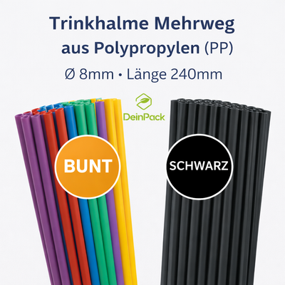 DeinPack Mehrweg Trinkhalme 8 x 240mm - schwarz oder bunt- diverse Stückzahlen