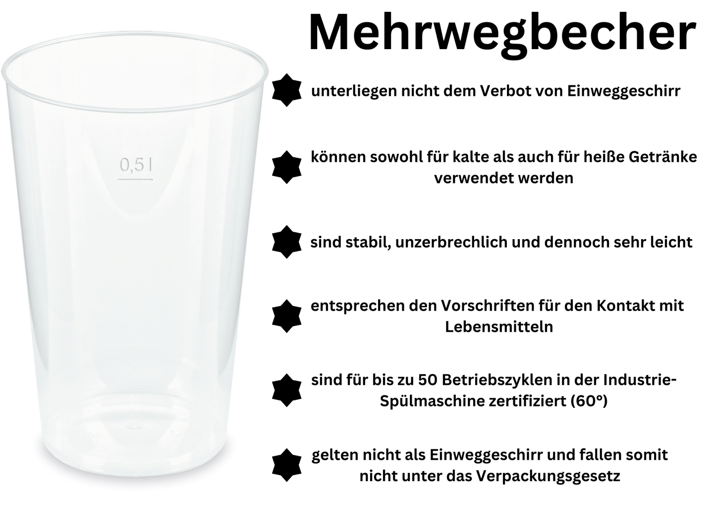 Mehrwegbecher PP transparent, leichter Mehrweg-Trinkbecher, Hartplastik - 0,5l
