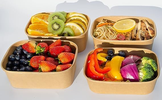 Salatschale Karton braun, rechteckig 375ml RPET Deckel 50 Stück