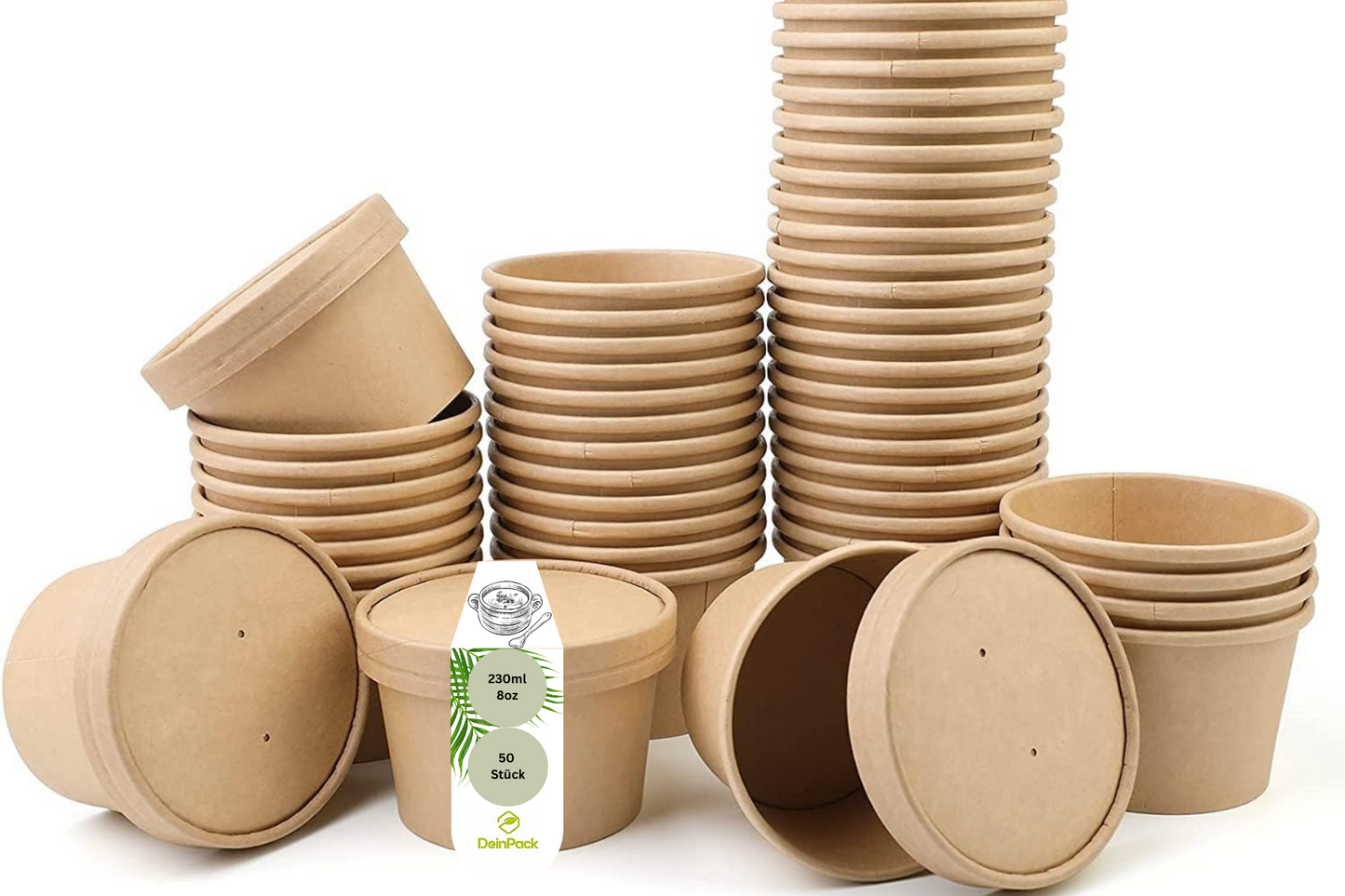 Suppenbecher 230ml, 8oz inkl. Papp-Deckel, Kraftpapier, Ø90x61mm, 50 Stück/Set